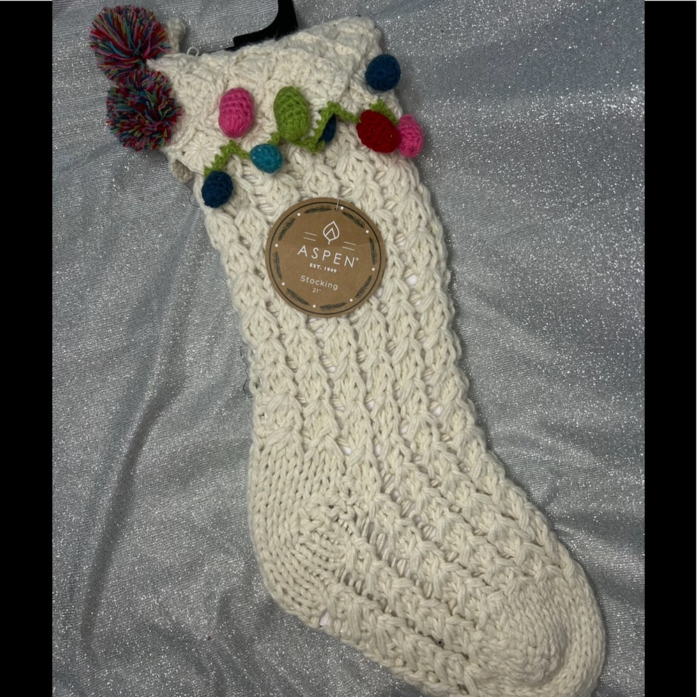 Aspen Knit Jingle Bells Pom Pom Christmas Stocking NWT